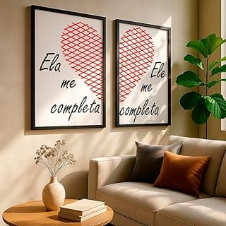 Kit 2 quadros decorativos frase casal amor completo coração vermelho moderno quarto com moldura