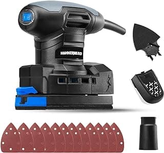 Hammerhead Lixadeira multifunção de 1,4 Amp com lixa de 12 peças, sistema de coleta de poeira e acessório detalhado - HADS014