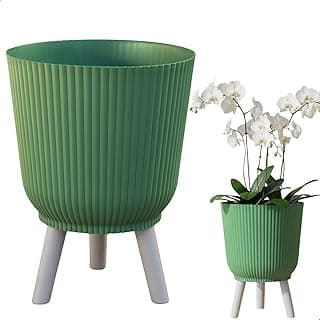 Cachepot Talin verde oliva com pernas brancas, polipropileno, 14,5L, com planta branca