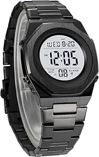 Relógio digital masculino hexagonal preto com mostrador digital e pulseira de aço inoxidável
