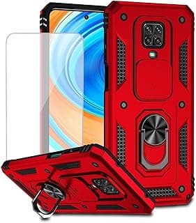 Capa protetora vermelha para Xiaomi Redmi Note 9 Pro com protetor de vidro e capa de câmera deslizante