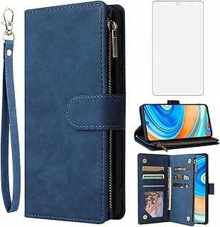 Capa de couro para Xiaomi Redmi Note 9 Pro, azul escuro, com compartimentos para cartões e alça de pulso