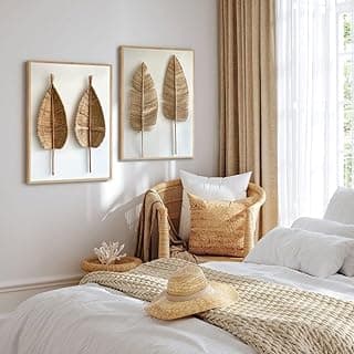 Kit 2 quadros decorativo folhagem palmeira seca boho com moldura bege 40x60 sem vidro