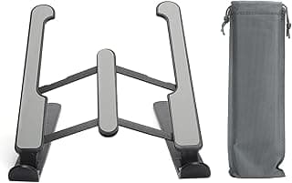 Suporte para laptop ajustável em seis níveis, cinza e preto, com bolsa de transporte