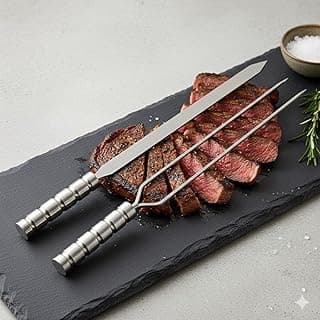 Kit de espetos de churrasco 65cm em aço inoxidável com carne grelhada