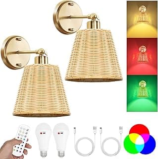 Arandelas de parede recarregáveis Frideko Rattan com controle remoto, RGB 15 cores reguláveis, lâmpada de parede interna sem fio