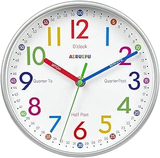 AIRUIFU Relógio de parede para crianças aprendendo a contar as horas facilmente, sem tique-taque, operado por bateria, relógio de tempo de ensino - relógio analógico colorido decorativo para quarto de