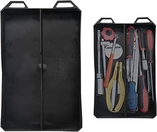 Bandeja flexível dupla StealthMounts com ferramentas e peças, fundo branco