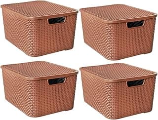 Kit de quatro caixas organizadoras de rattan marrom com tampas, dispostas em duas fileiras sobre fundo branco.