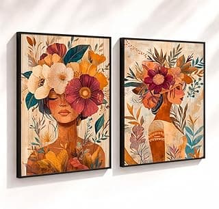 Kit de 2 quadros decorativos de mulheres com flores nas cabeças, estilo boho, tons terrosos, 43x32cm