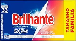 Sabão em pó Brilhante Limpeza Total 2.2Kg, 33 lavagens, embalagem azul e amarelo