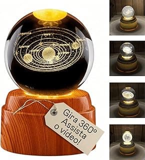 Luminária de Mesa Infinity Orb LED, Rotação Infinita, USB Efeito Estelar, Transparente com Base estilo amadeirado (Sistema Solar)