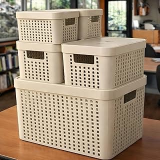 Kit 5 Caixas Organizadoras com Tampa Plástico Resistente Multiuso Armário Cozinha Lavanderia (BEGE)