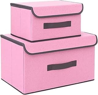 Kit com 2 caixas organizadoras rosa com tampas e alças pretas, dobráveis e respiráveis, em fundo branco