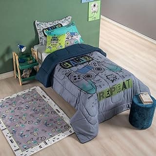 Kit de edredom infantil e juvenil estampado com temas de jogos, azul com estampas de gamepad e texto 'REPEAT', 5 peças.