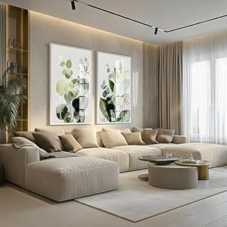 Conjunto de 2 quadros decorativos folhas aquarela para sala de estar com sofá branco