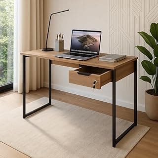 Mesa de escritório industrial com gaveta e fechadura, cor marrom, pés de metal preto