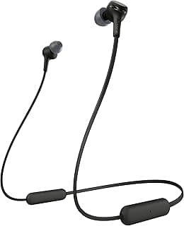 Fones de ouvido intra-auriculares sem fio Sony WI-XB400B, pretos, com design de faixa de pescoço, fundo branco.