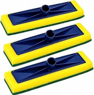 Três esponjas abrasivas de limpeza com design triangular, cor predominante azul e amarelo.