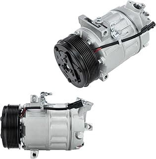 Compressor de ar para veículos, prateado e preto, com fundo branco, mostrando detalhes mecânicos.