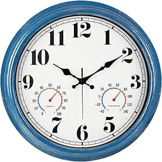 Relógio de parede azul vintage com termômetro e higrômetro, numerais grandes, à prova d'água.
