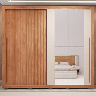 Guarda-roupa casal ripado com espelhos e 4 gavetas em freijó e off-white