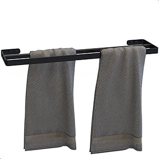 Suporte duplo para toalhas preto para banheiro com toalhas cinza