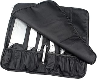Estojo de faca preto com alça de ombro, contendo facas e facas de cozinha