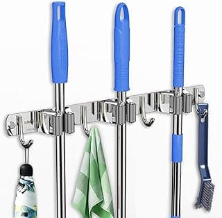 Suporte de parede para vassouras LUMAI em aço inoxidável com 7 ganchos, toalha e guarda-chuva
