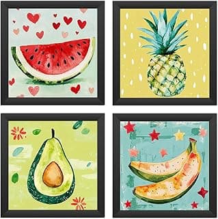 Kit de quatro quadros decorativos com frutas em estilo aquarela