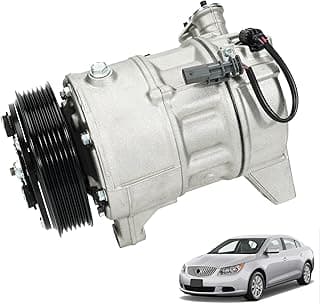 Compressor de ar condicionado LEAPTREND CO22224C para Buick LaCrosse e Cadillac SRX, mostrando o componente mecânico e o carro compatível.