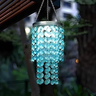 Lanterna solar pendente com contas de cristal azul e LEDs brancos para decoração externa