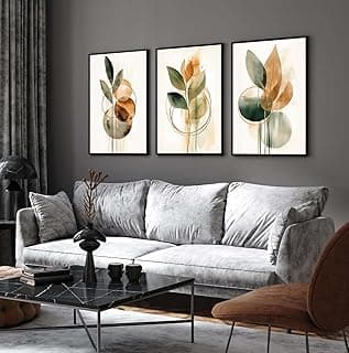 Quadros decorativos com folhagens em tons de verde, amarelo e laranja, para decoração de sala de estar.