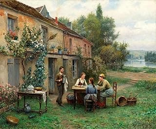 Pintura de Daniel Ridgway Knight 'Café no Jardim' em tela canvas de 75x90 cm