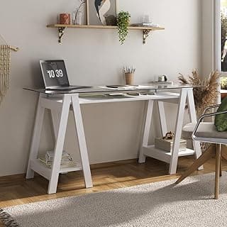 Escrivaninha para Escritório Tampo de Vidro e Pés de Cavalete Home Office