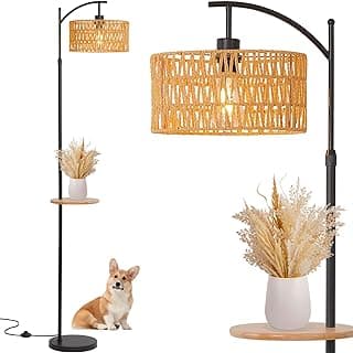 Luminária De Chão Boho, Luminária De Chão De Vime Com Prateleira, Vime De Bambu Boêmio, Rústico Costeiro, Fazenda, Madeira Tropical, Luminária Alta De Pé Com Mesa Para Sala De Estar, Quarto