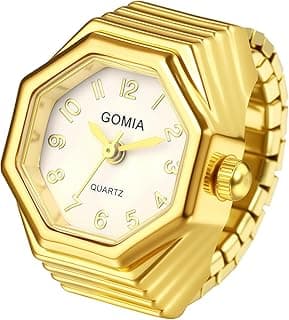 Relógio de dedo octogonal dourado com mostrador branco, marca GOMIA, fácil leitura.