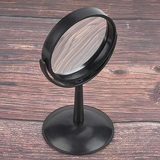 Espelho côncavo convexo de alta transparência com suporte preto, ideal para crianças, fundo de madeira.