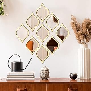 Decoração de parede boho vintage com 9 espelhos em forma de lágrima com moldura dourada acrílica