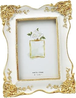 Moldura de resina estilo europeu branco com detalhes dourados, para foto 4x6, com ilustração de perfume