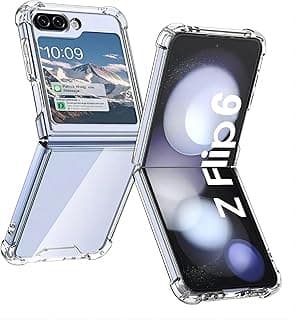 Capa transparente para Samsung Galaxy Z Flip 6 5G, com reforço nos cantos e bordas metálicas prateadas, mostrando o smartphone dobrado.