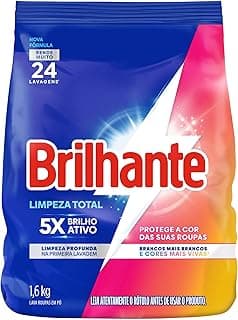 Detergente em pó Brilhante Limpeza Total, 1,6kg, 24 lavagens, 5X brilho ativo, embalagem azul e branco.