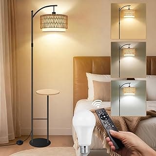 Vinaco Candeeiro de chão boho de vime com mesa, luminária de chão regulável com interruptor de pé de controle remoto, lâmpadas altas de vime, 3 temperaturas de cor, lâmpadas de pé de altura ajustável