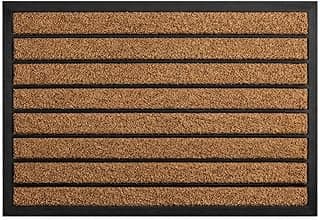 Tapete capacho listrado de fibra de coco natural com base antiderrapante em borracha