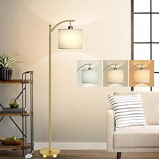 Luminária de chão moderna em arco com acabamento dourado e cúpula branca, três opções de cores de iluminação.
