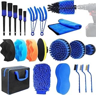 Kit de limpeza automotiva com 22 peças, pincéis, esponjas e acessórios, cores azuis e pretas, fundo branco