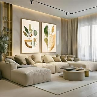 Kit de 2 quadros abstratos com folhas para sala e quarto, decoração moderna.