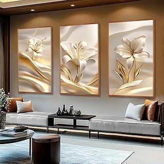 Kit com 3 quadros decorativos 30x50cm floral vibrante contemporâneo com moldura retangular natural