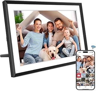 Porta-retratos digital com tela sensível ao toque IPS HD exibindo uma foto de família com uma mãe, pai, duas crianças e um cão.