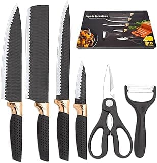 Conjunto de Facas de Cozinha 6 Peças com Lâminas em Aço Inox e Revestimento Dourado